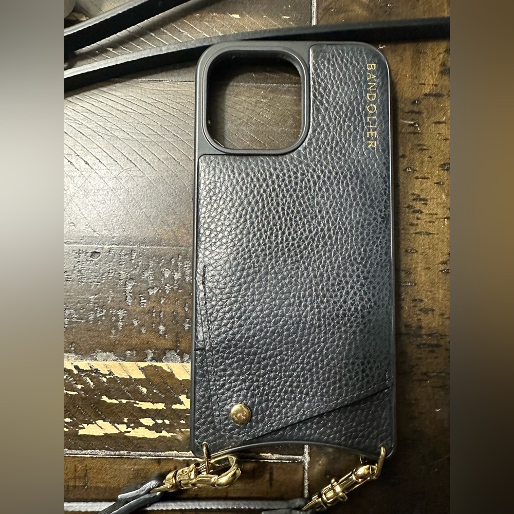 Bandolier iPhone 14 Pro Max EMMA Pebble Leather Crossbody in Black/Gold